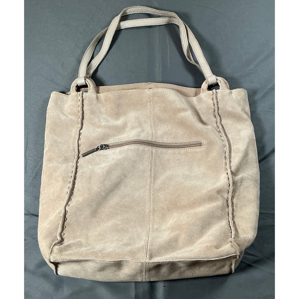 The Sak Beige Suede Leather Tote Shoulder Bag Whipstitch Detail Boho 41269-CMWH